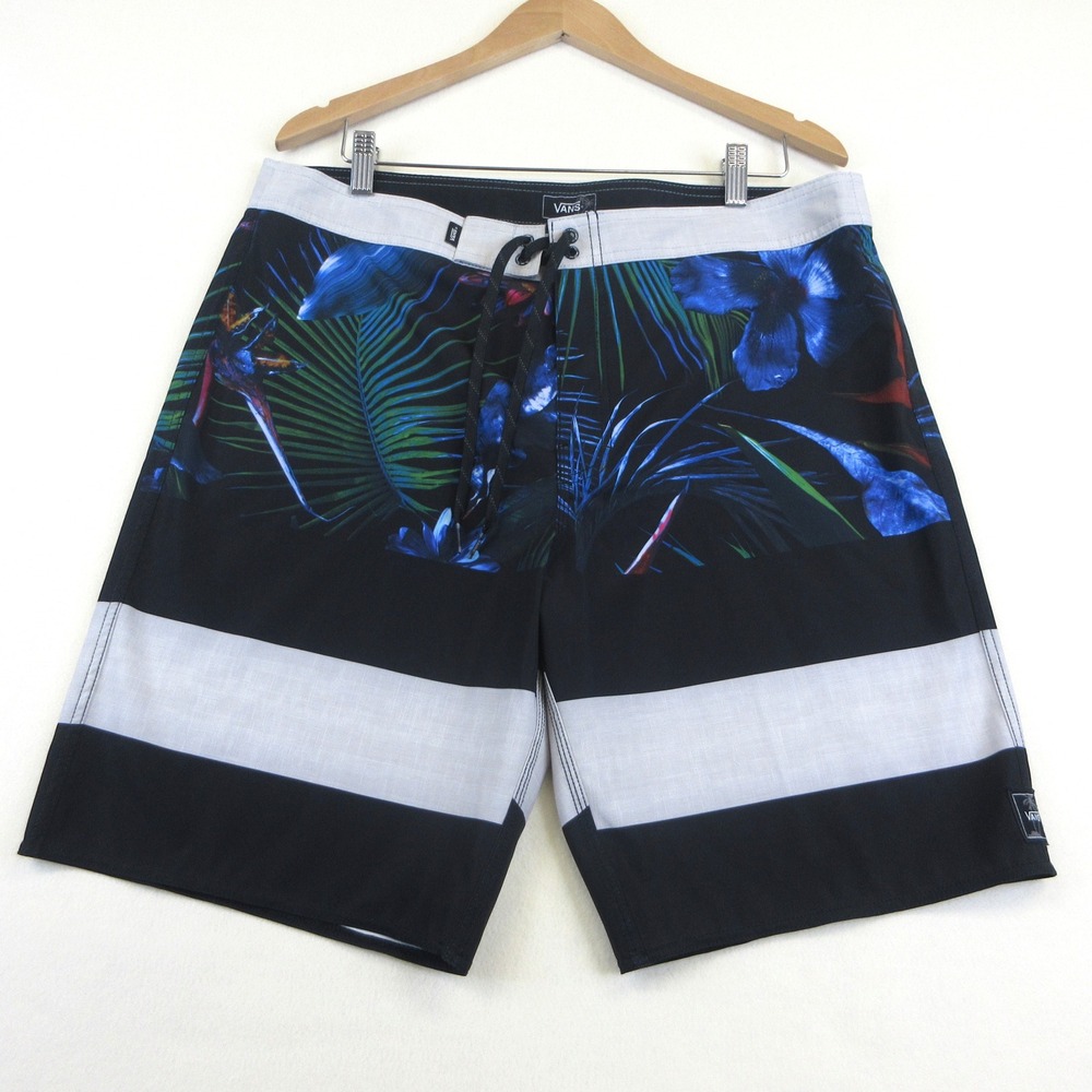 Vans Board Shorts Mens 36 Black & Gray w/ Floral Tropical Swim Surf